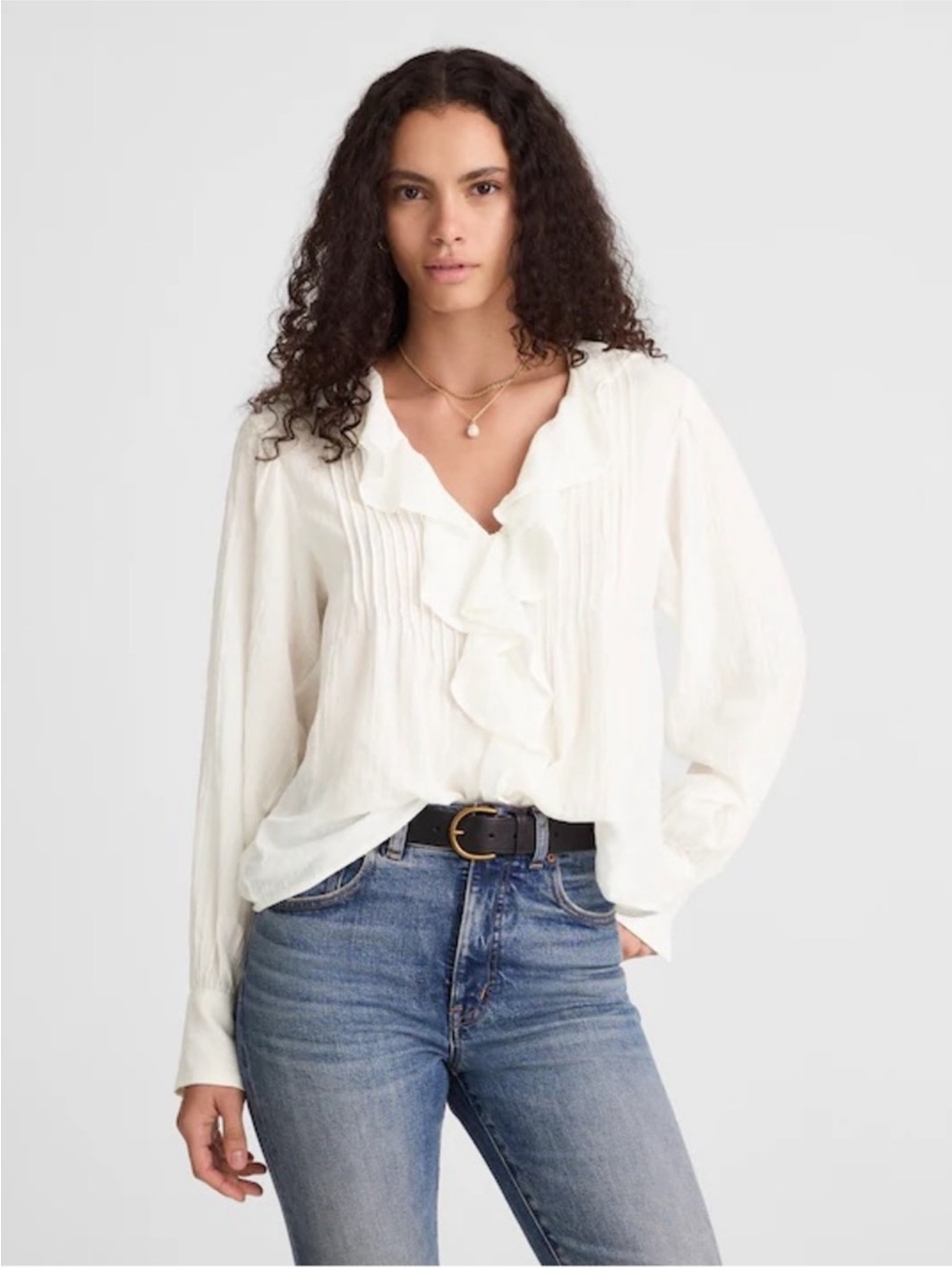 Madewell Ruffled Pintuck Top Flowy Blouse White Doen Henri Style